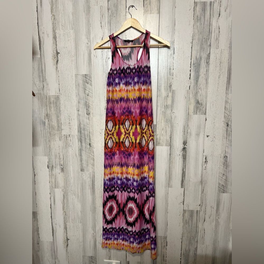 Just Love Aztec Ikat Maxi Dress Womens Medium Pink Purple Tie Dye Racerback Long